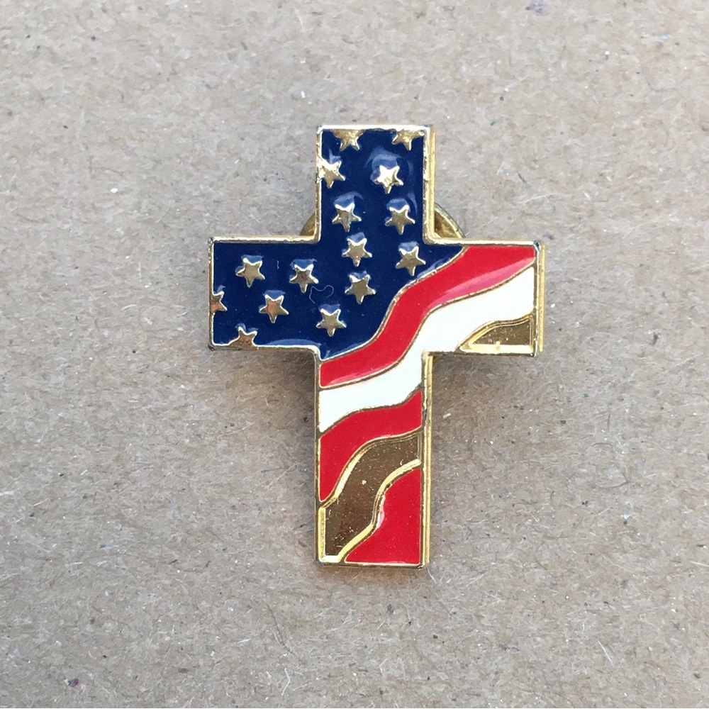 American Flag Cross Enamel Pin - Patriotic Red White Blue